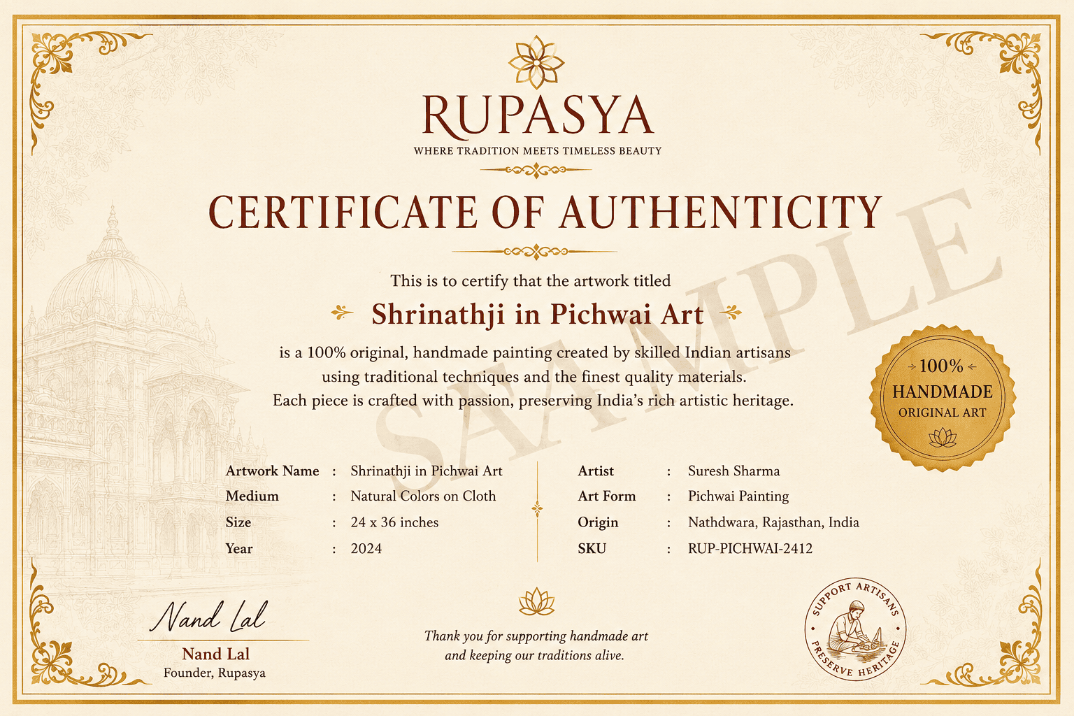 Sample Rupasya Certificate of Authenticity
