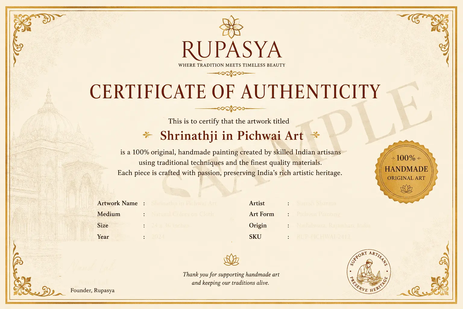 Sample Rupasya Certificate of Authenticity