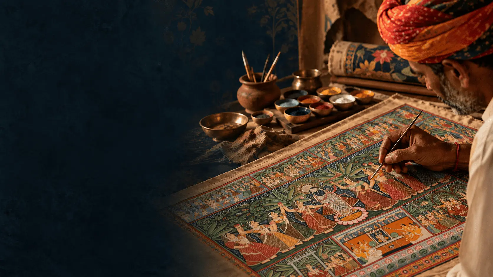 Close-up of a Rajasthani artisan's hand hand-painting fine details on a traditional canvas with natural pigments, no prints or machines involved