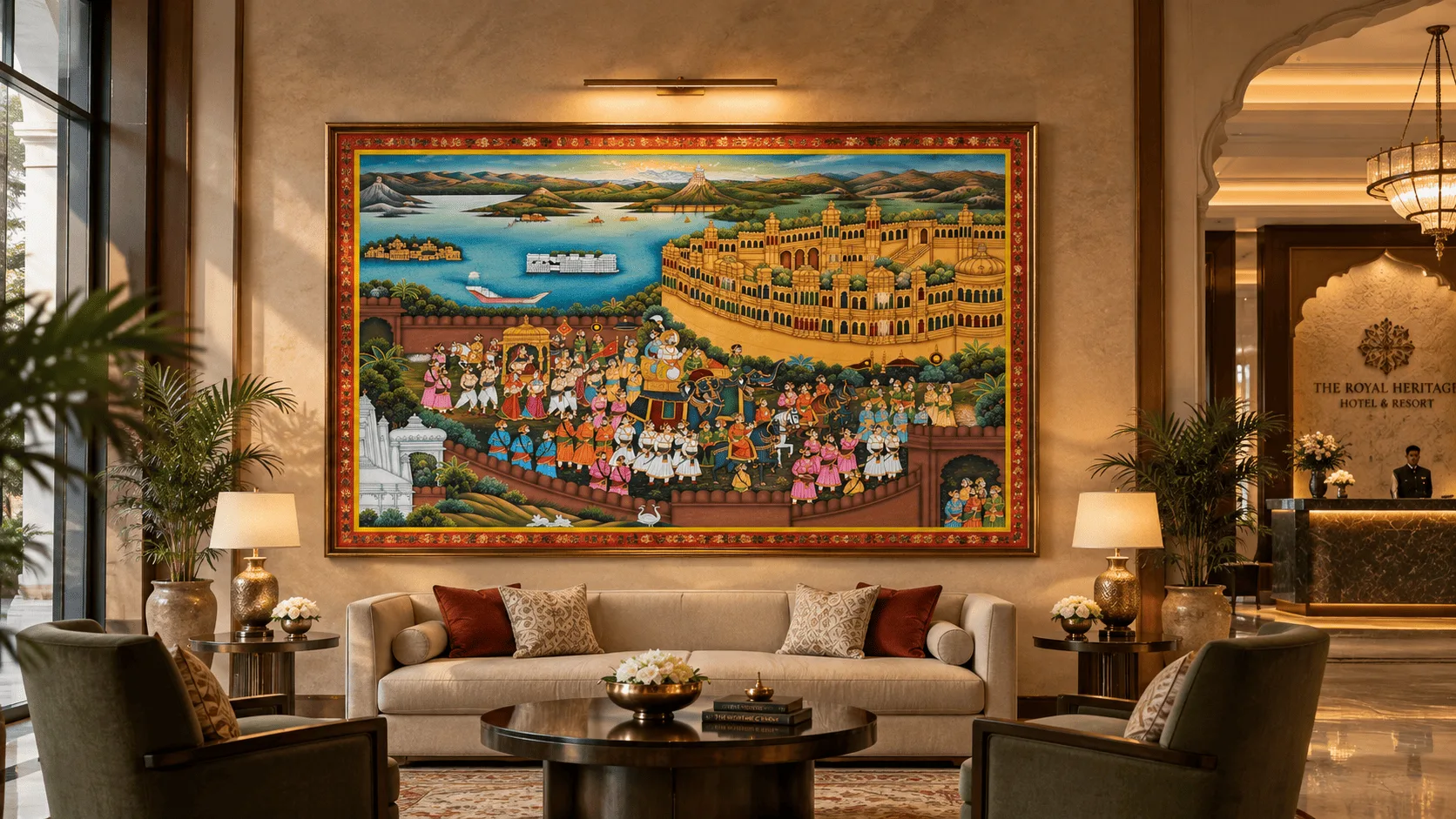 Rajasthani & Mughal miniature painting of a royal procession displayed in a luxury heritage hotel suite