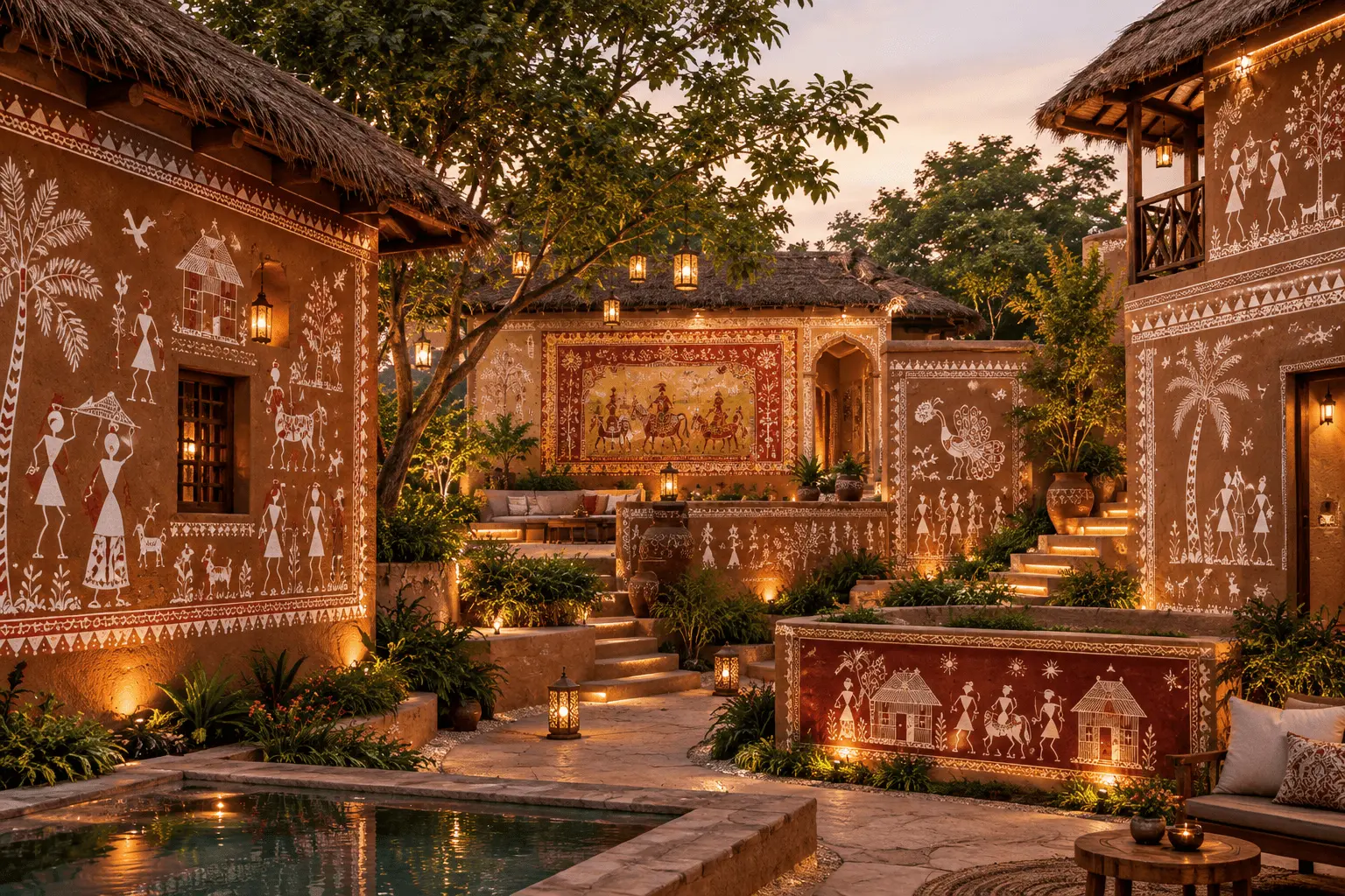 Madana and Warli hand-painted mural on a mud house wall in a luxury rural resort