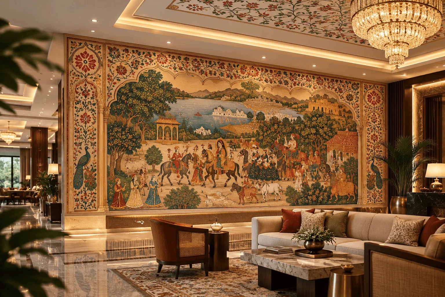 Rajasthani miniature style hand-painted mural in a luxury hotel interior