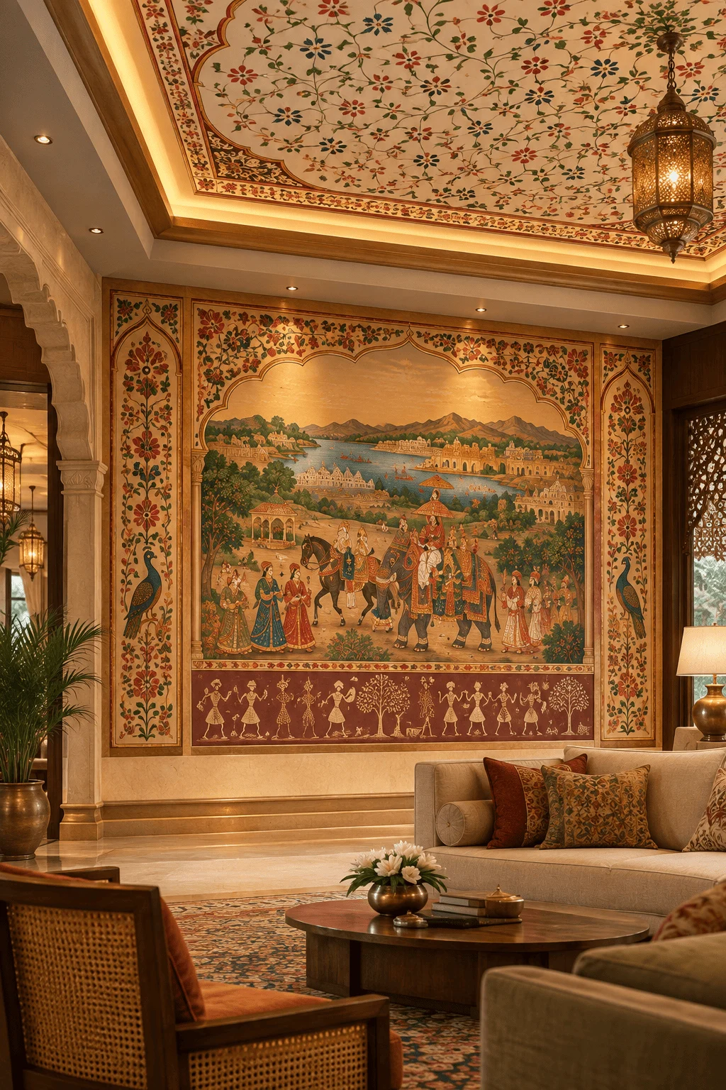Rajasthani miniature style hand-painted wall mural