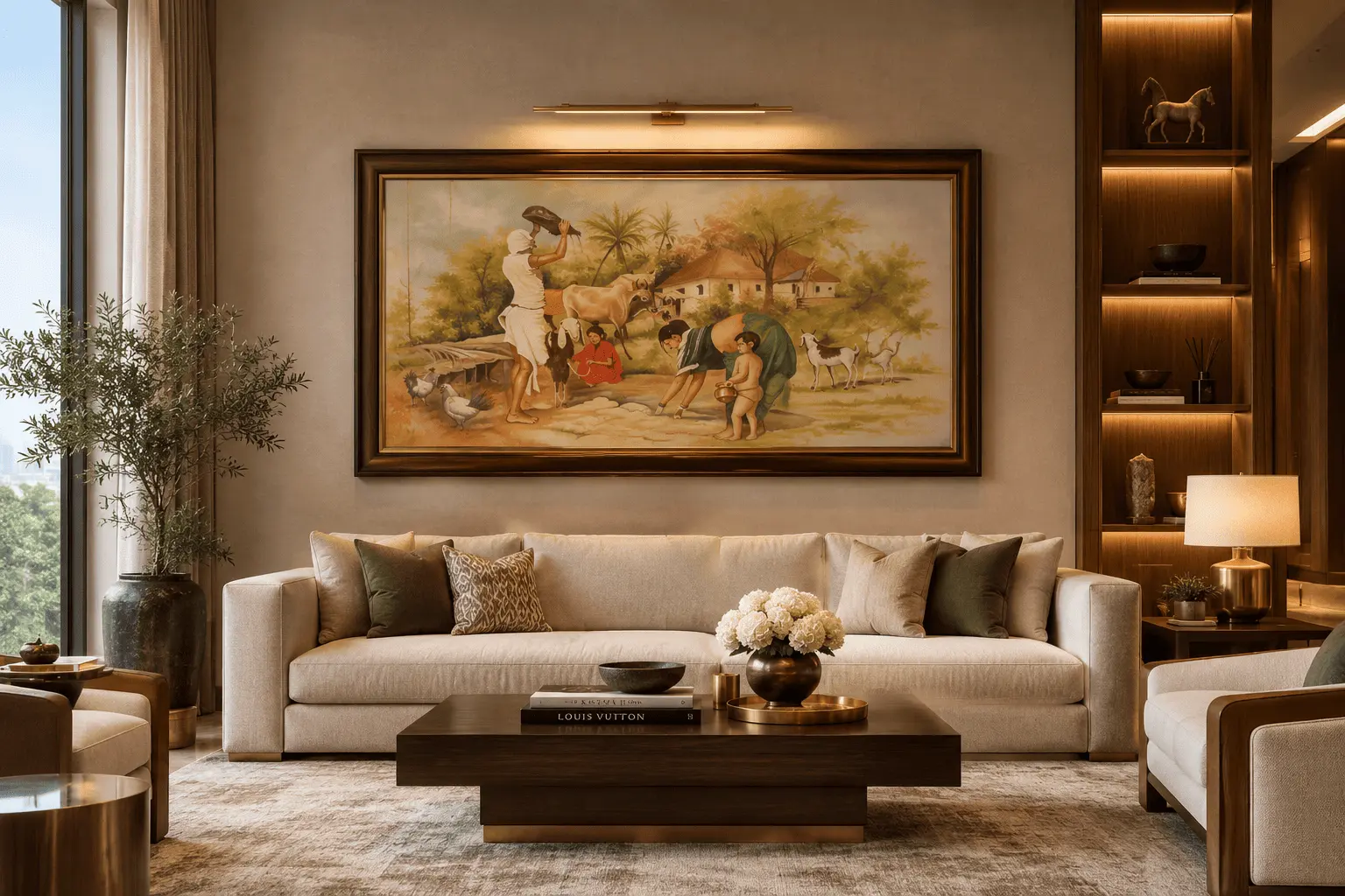 Original handmade oil painting displayed in a contemporary luxury living room