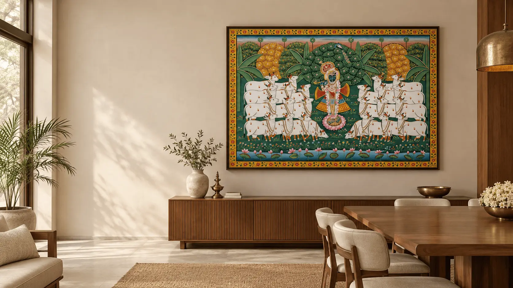 Kamdhenu cow Pichwai painting displayed in a premium living room