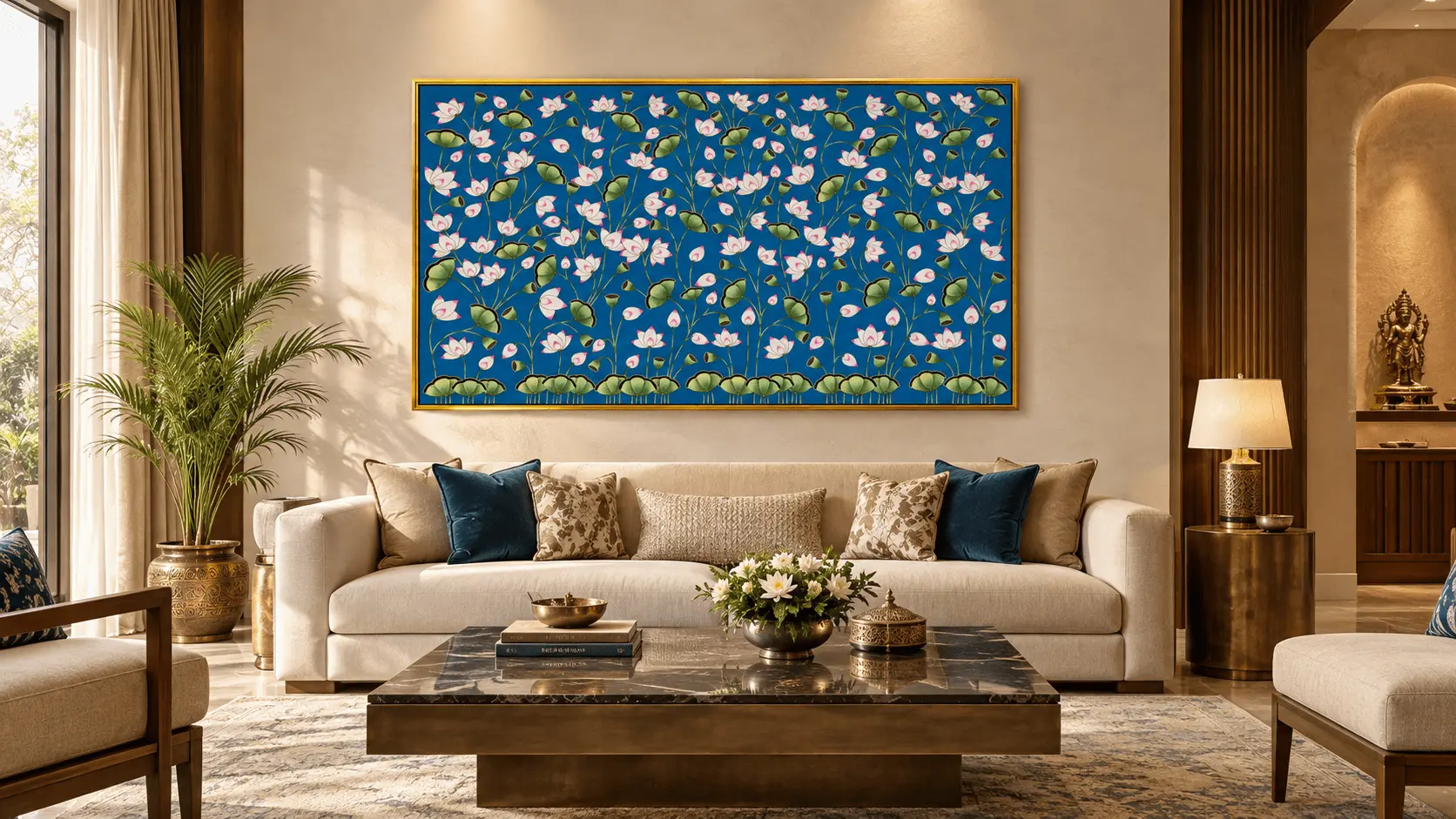Lotus Pichwai painting displayed in a luxury contemporary living room
