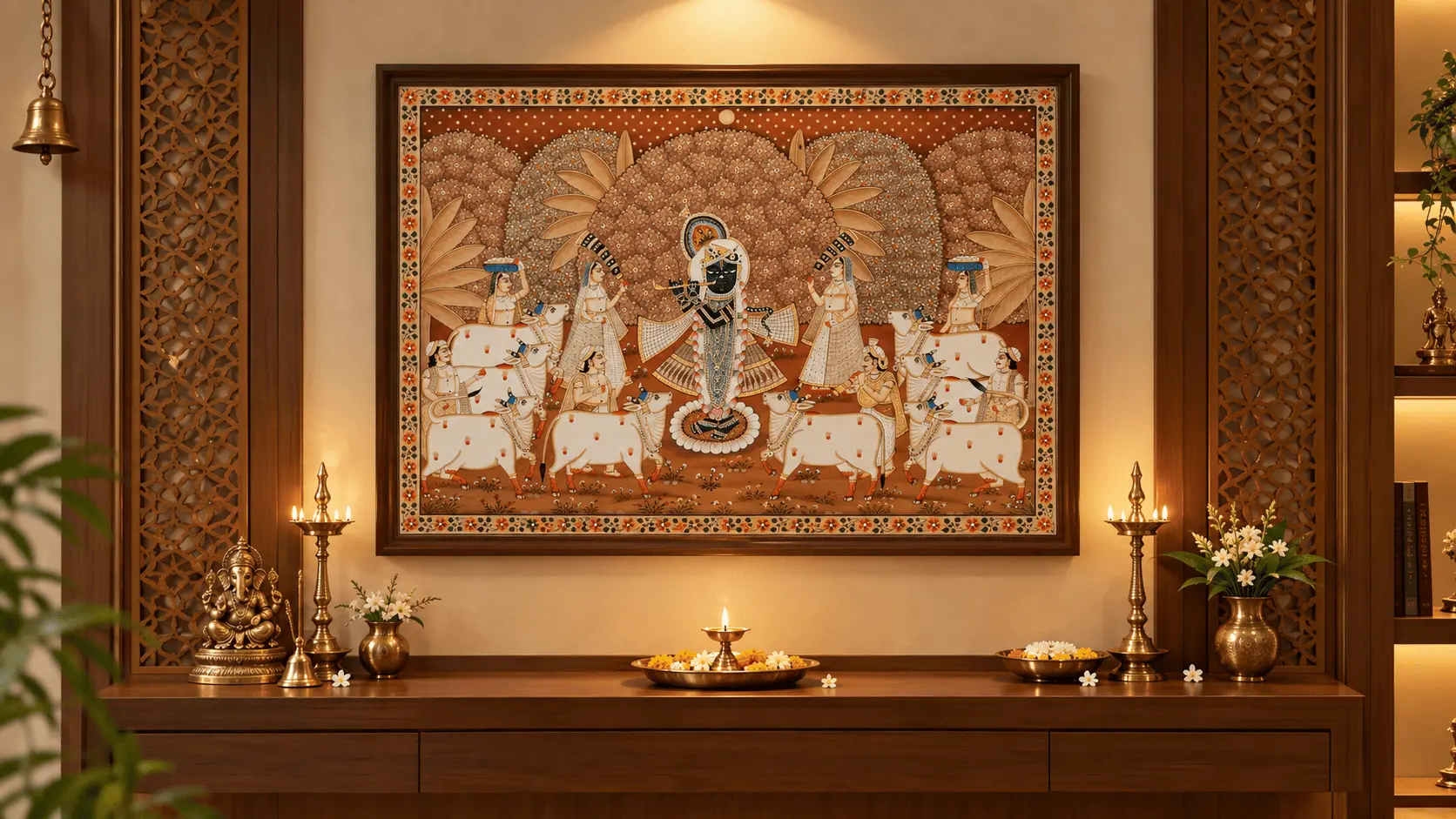 Shrinathji Pichwai painting displayed in a luxury puja and temple space