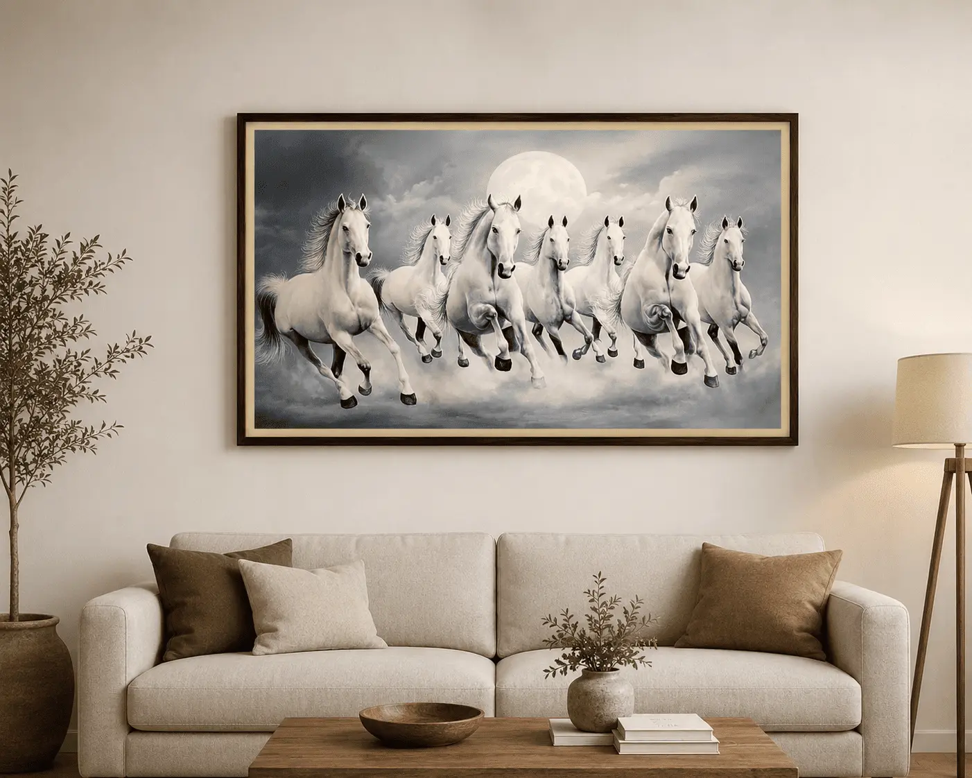 Seven galloping horses in a textured oil painting on canvas, showing thick brushwork in the manes and tails