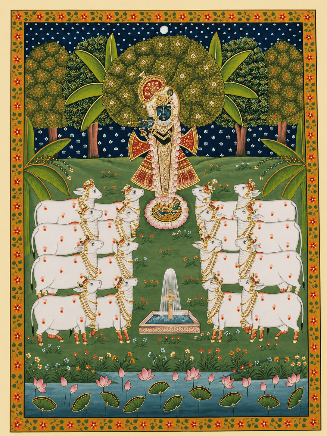 Close-up of hand-applied gold foil on the crown and jewellery of Shrinathji in a handmade Pichwai painting
