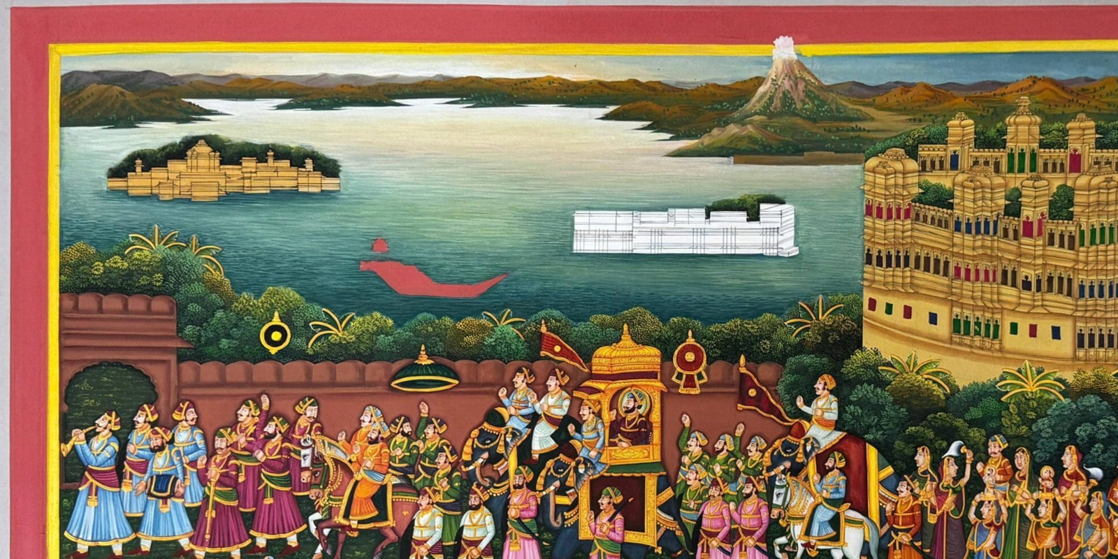 Close-up of an original Rajasthani miniature painting on cloth showing fine brushwork and gold leaf on a palace dome