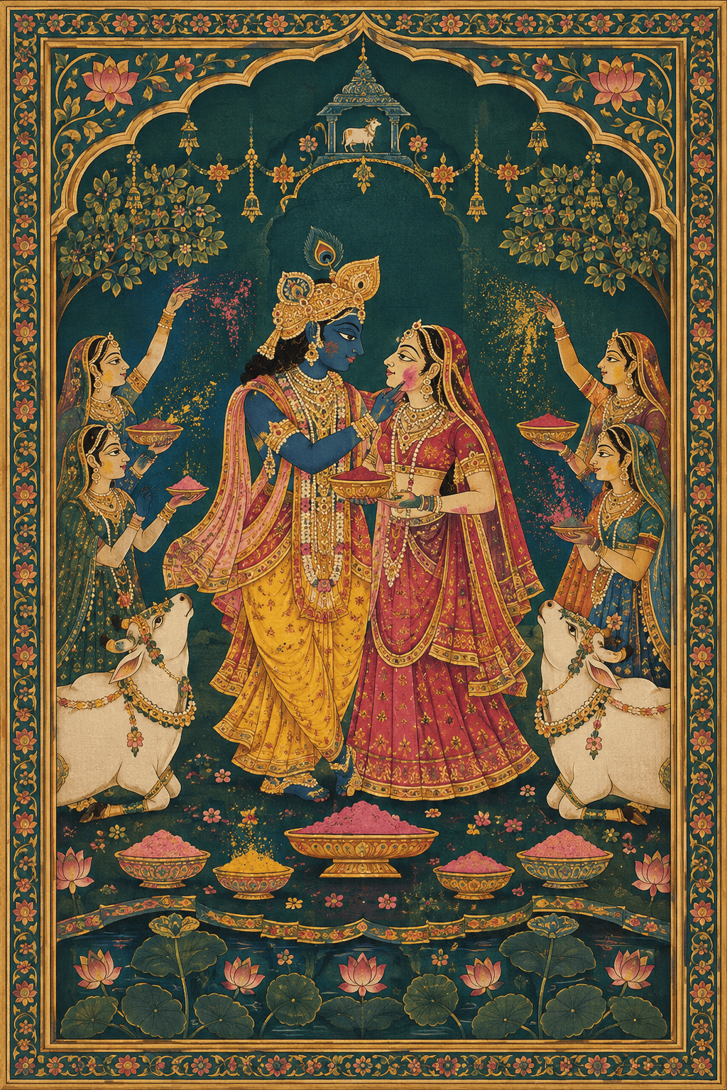 Holi Pichwai painting of Krishna and Radha playing with colours, pichkari and gopis among spring flowers and trees