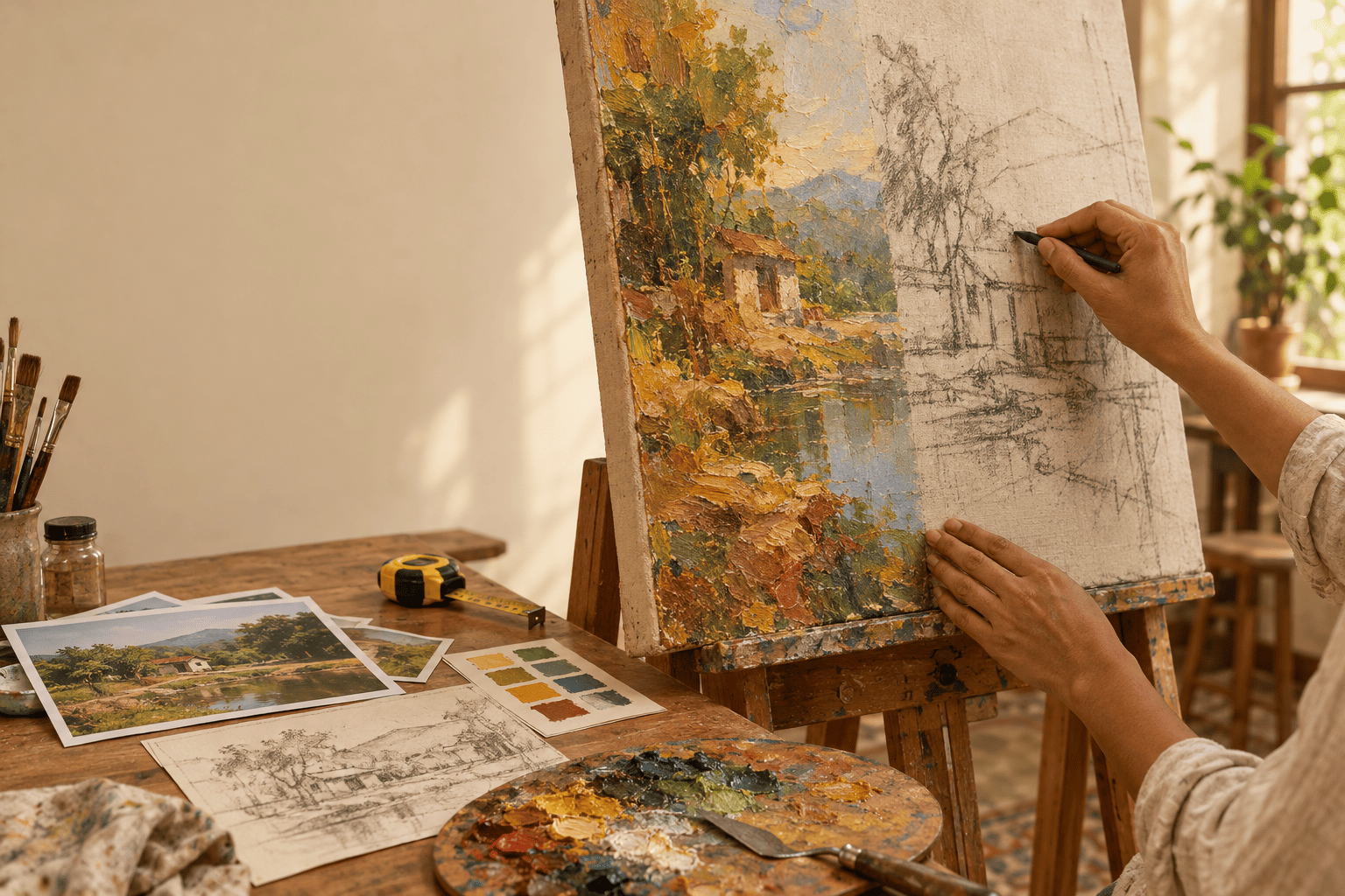 Artist sketching a composition on canvas for a custom oil painting commission, with reference photos beside it