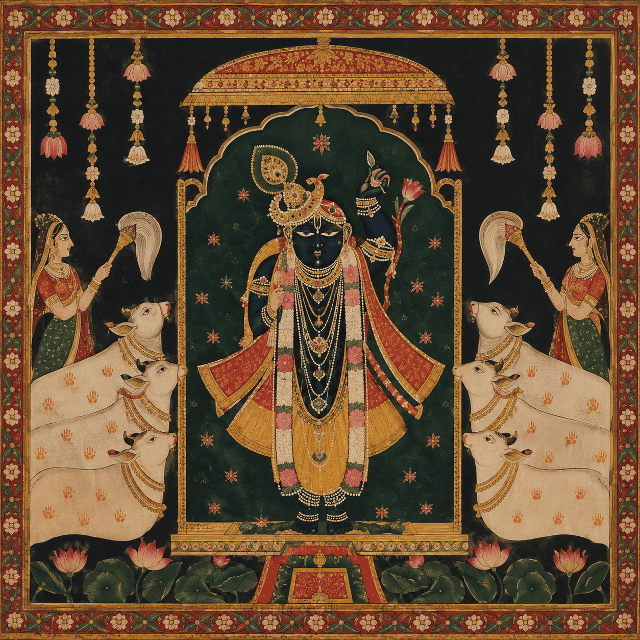 Pichwai painting of Shrinathji with raised left arm among lotus pools and cows, showing the faith behind Pushtimarg