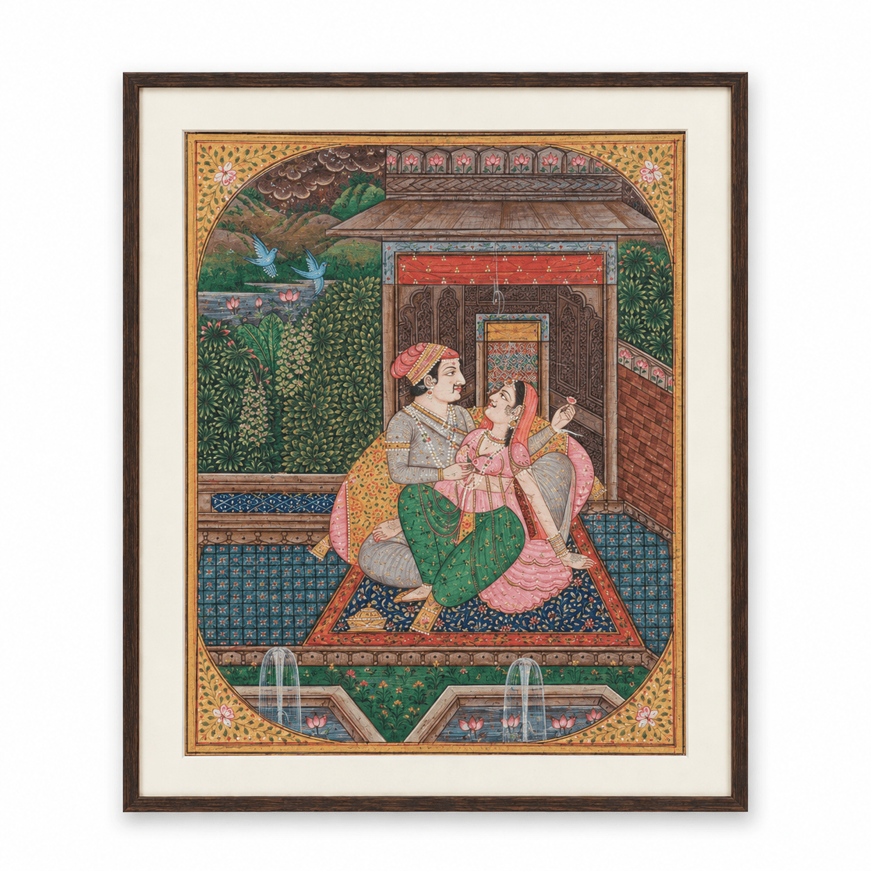 Mughal Love Scene Painting | Handmade Terrace with Fountain — Oval Frame