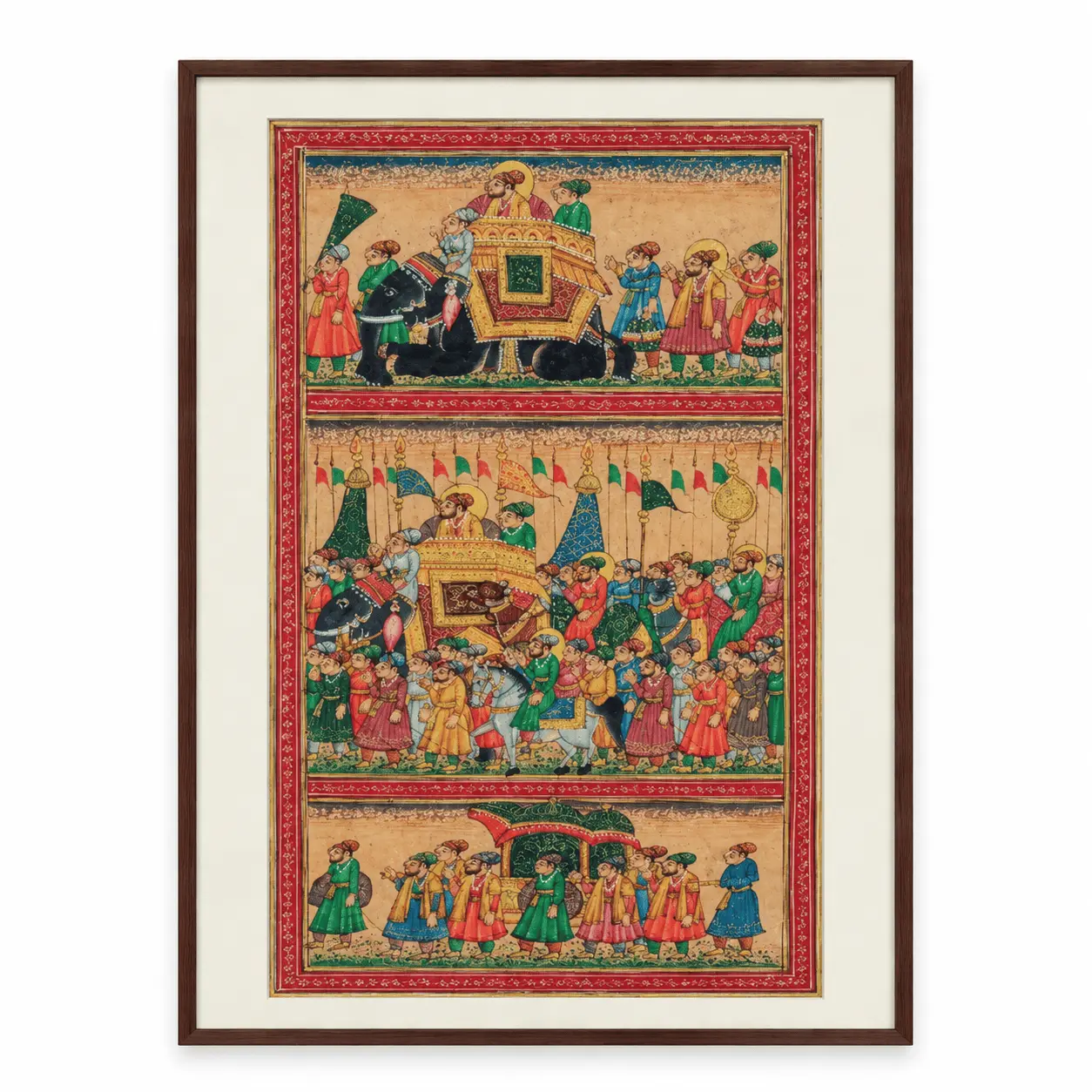 Mughal Grand Procession Painting | Three-Panel Royal Parade — Handmade