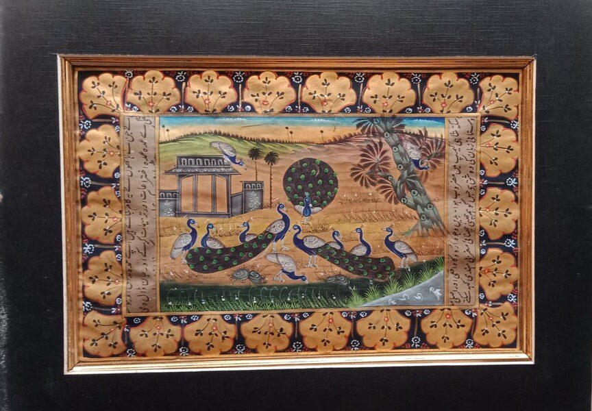 Mughal Peacock Flock Painting | Handmade Nature Study on Old Paper - view 2