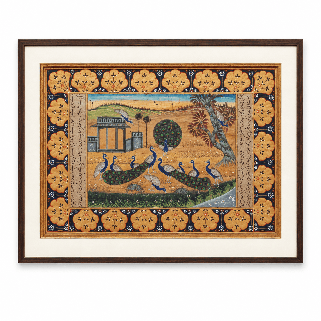 Mughal Peacock Flock Painting | Handmade Nature Study on Old Paper