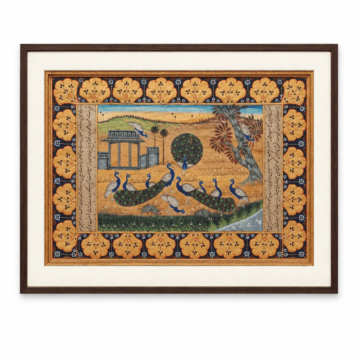 Mughal Peacock Flock Painting | Handmade Nature Study on Old Paper