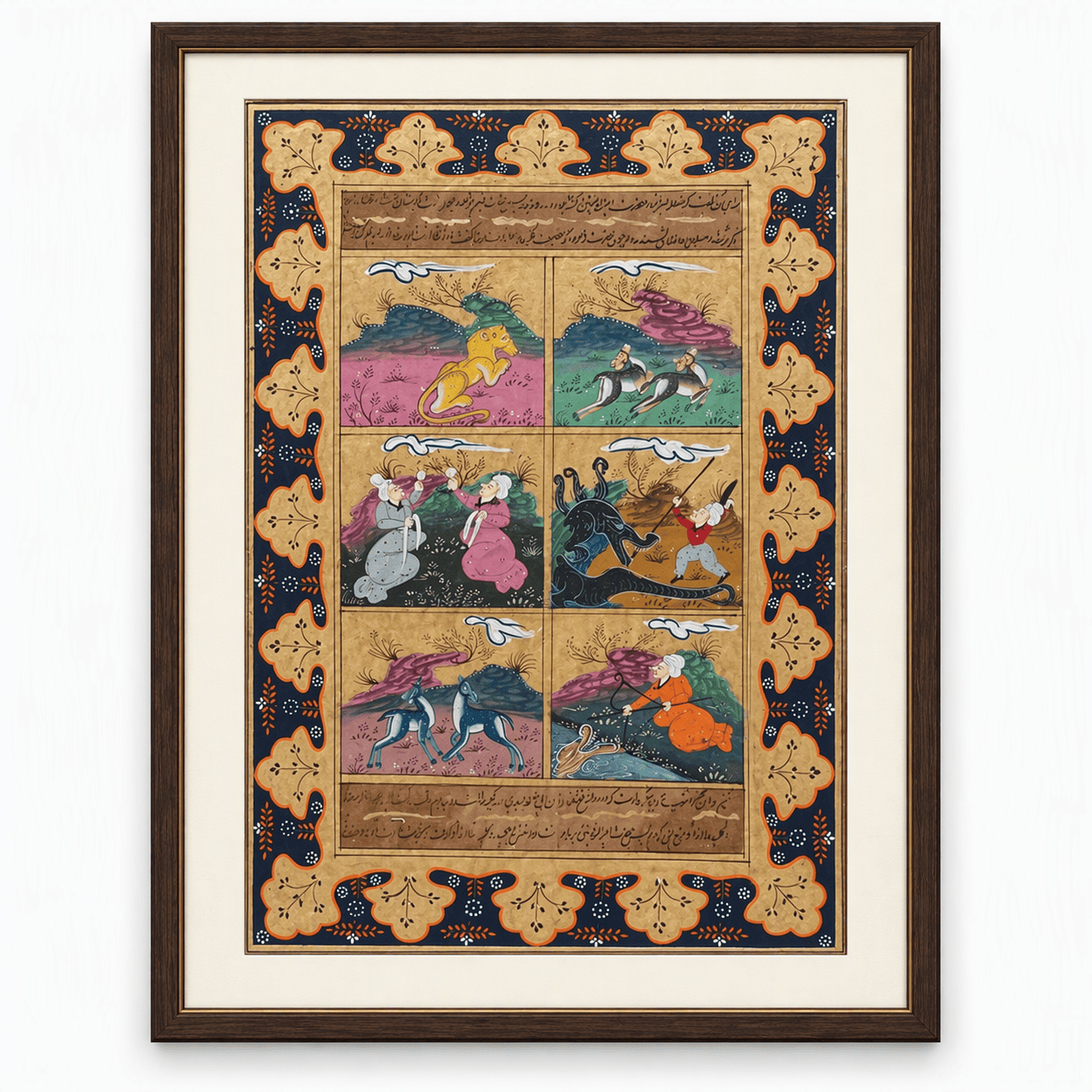Persian Shahnameh Miniature Painting | Handmade Six-Panel Dragon Fight Art