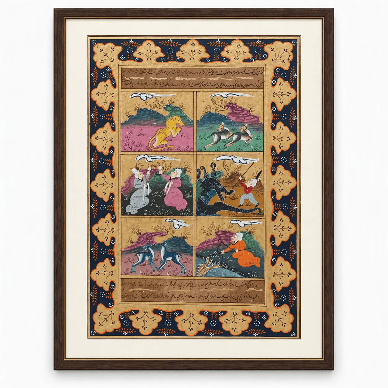 Persian Shahnameh Miniature Painting | Handmade Six-Panel Dragon Fight Art