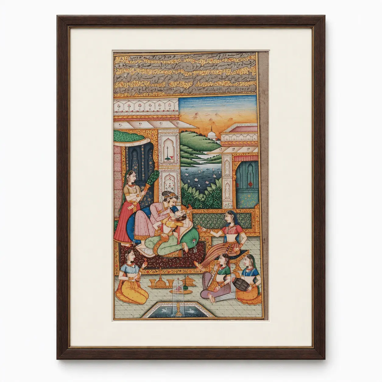 Mughal Grand Harem Garden Pavilion Painting | Handmade Miniature with Musicians