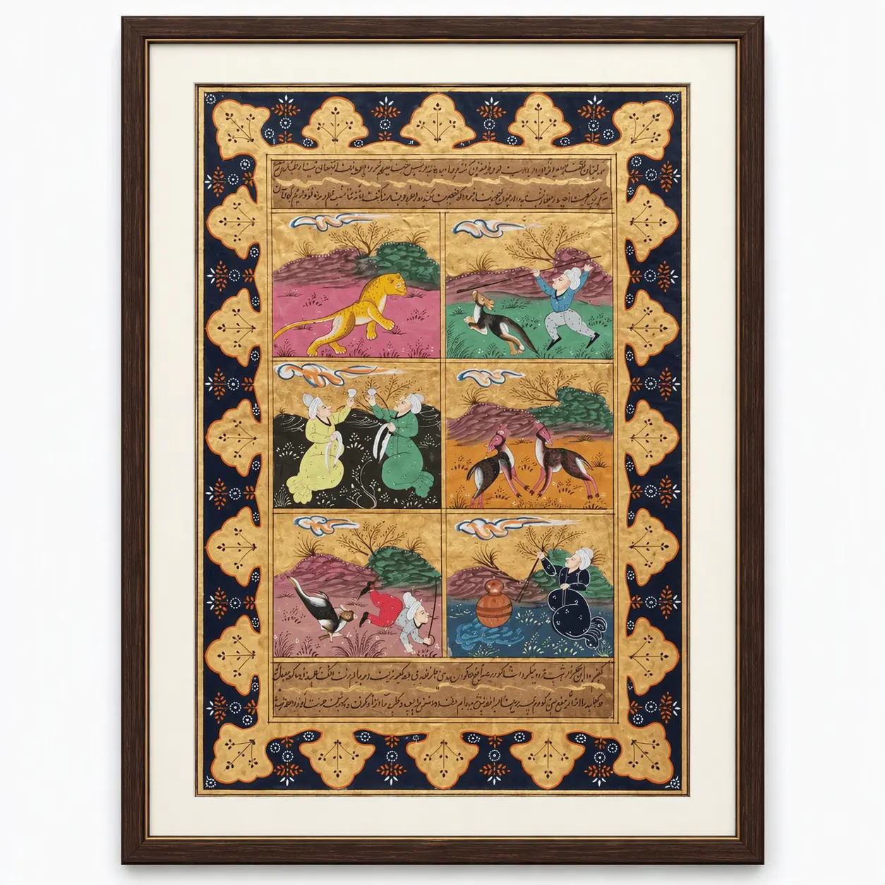 Persian Kalila wa Dimna Miniature Painting | Handmade Six-Panel Animal Fable Art