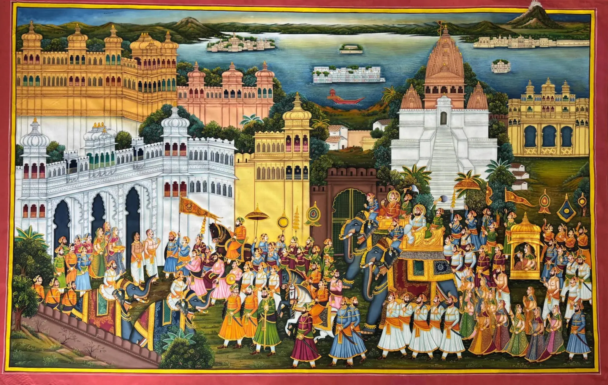 Udaipur Grand Panorama Painting — Jagdish Temple, City Palace & Royal Procession, Gold Leaf Silk Art (6x4 ft)