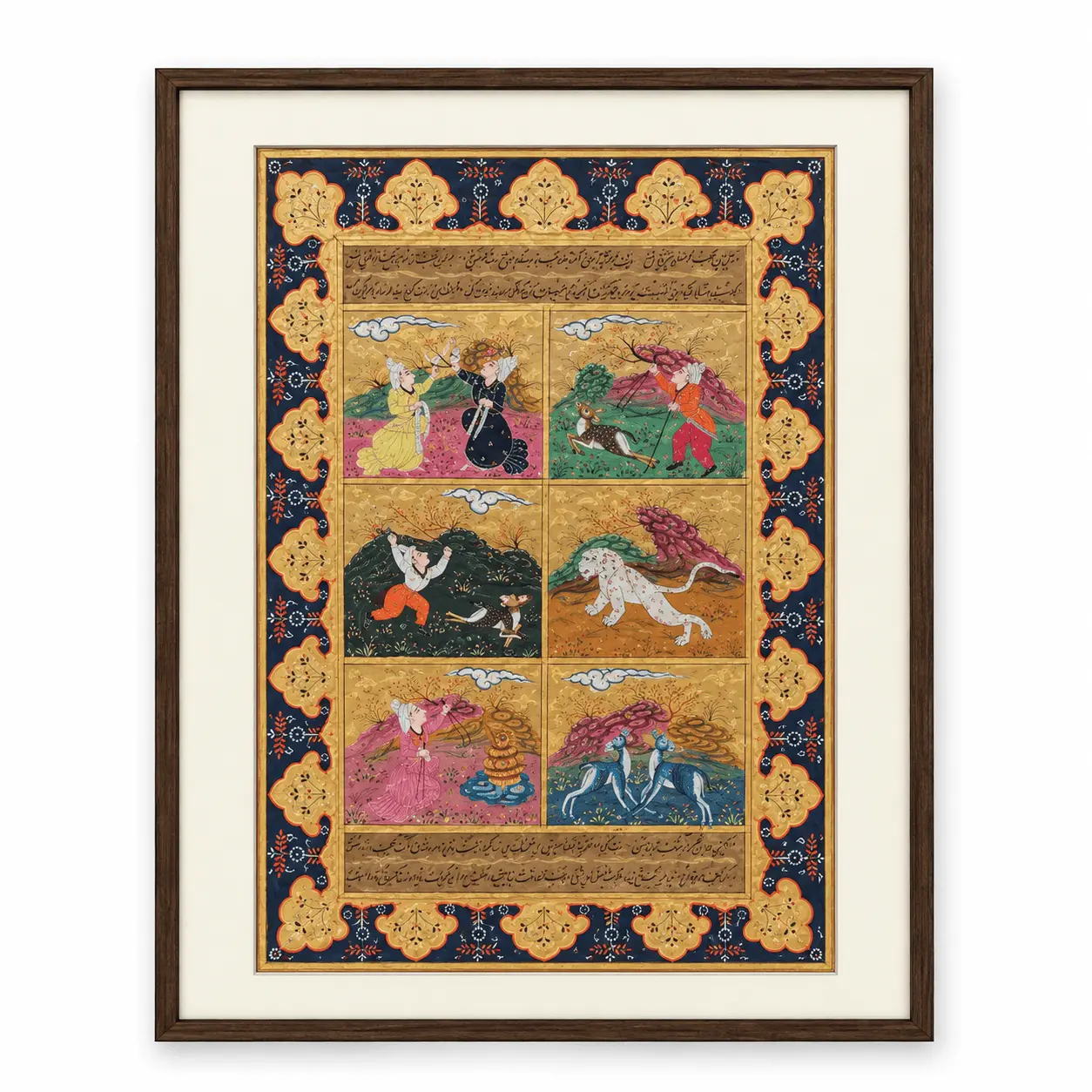 Persian Miniature Painting | Six-Panel Hunt, Duel & White Tiger Folio — Handmade