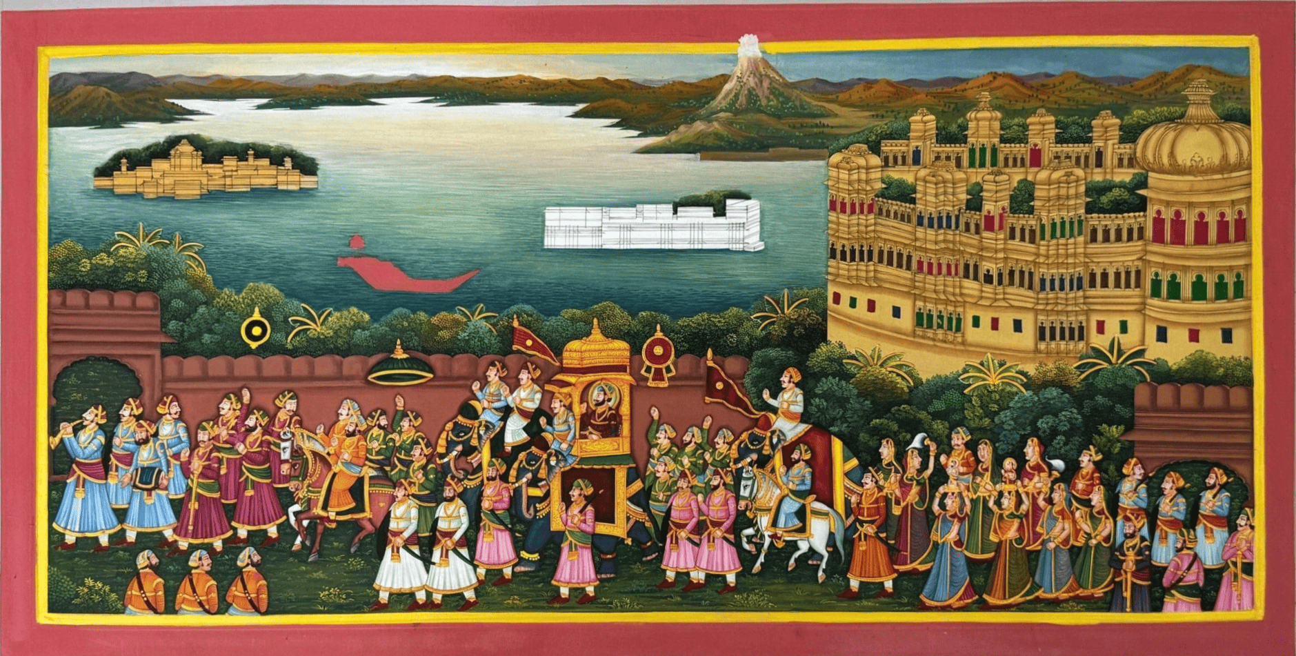 Royal Procession Miniature Painting with Gold Detailing – Udaipur City Palace & Lake Pichola