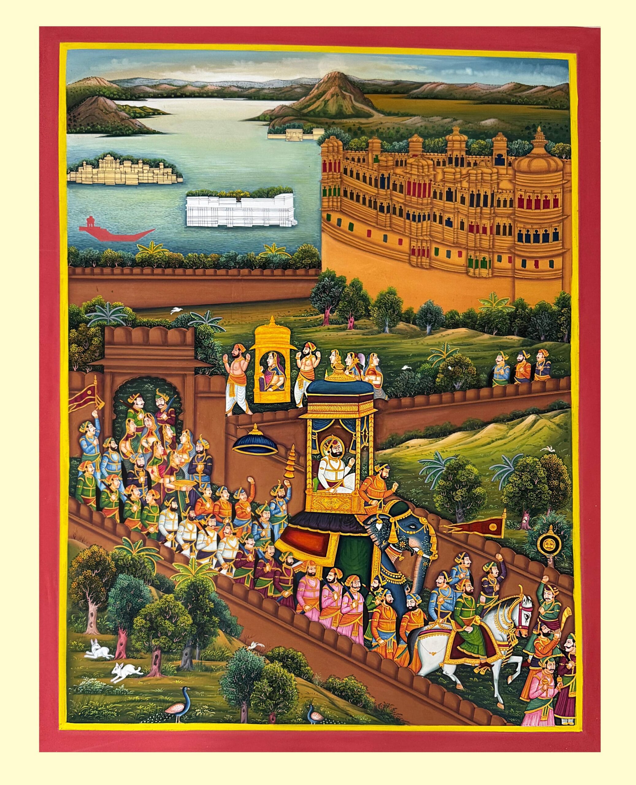 Udaipur City Palace & Lake Pichola Miniature Painting — Handmade Royal Procession Art with Gold Leaf