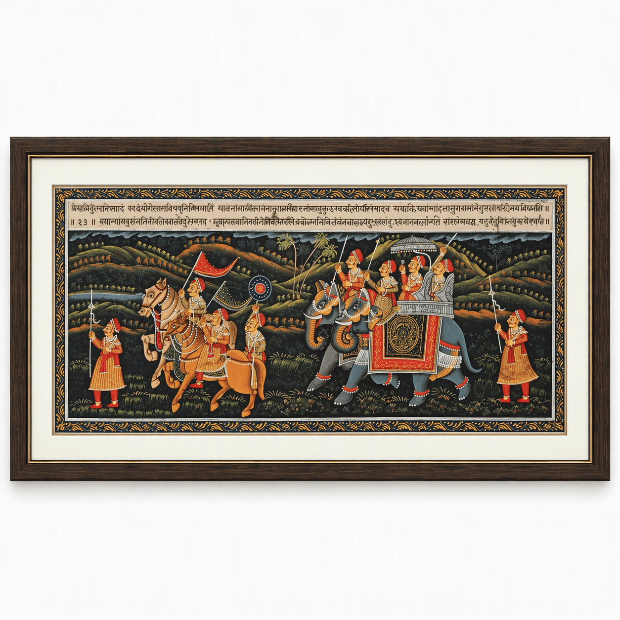Mughal Panoramic Procession Painting | Horse & Elephant Escort — Handmade