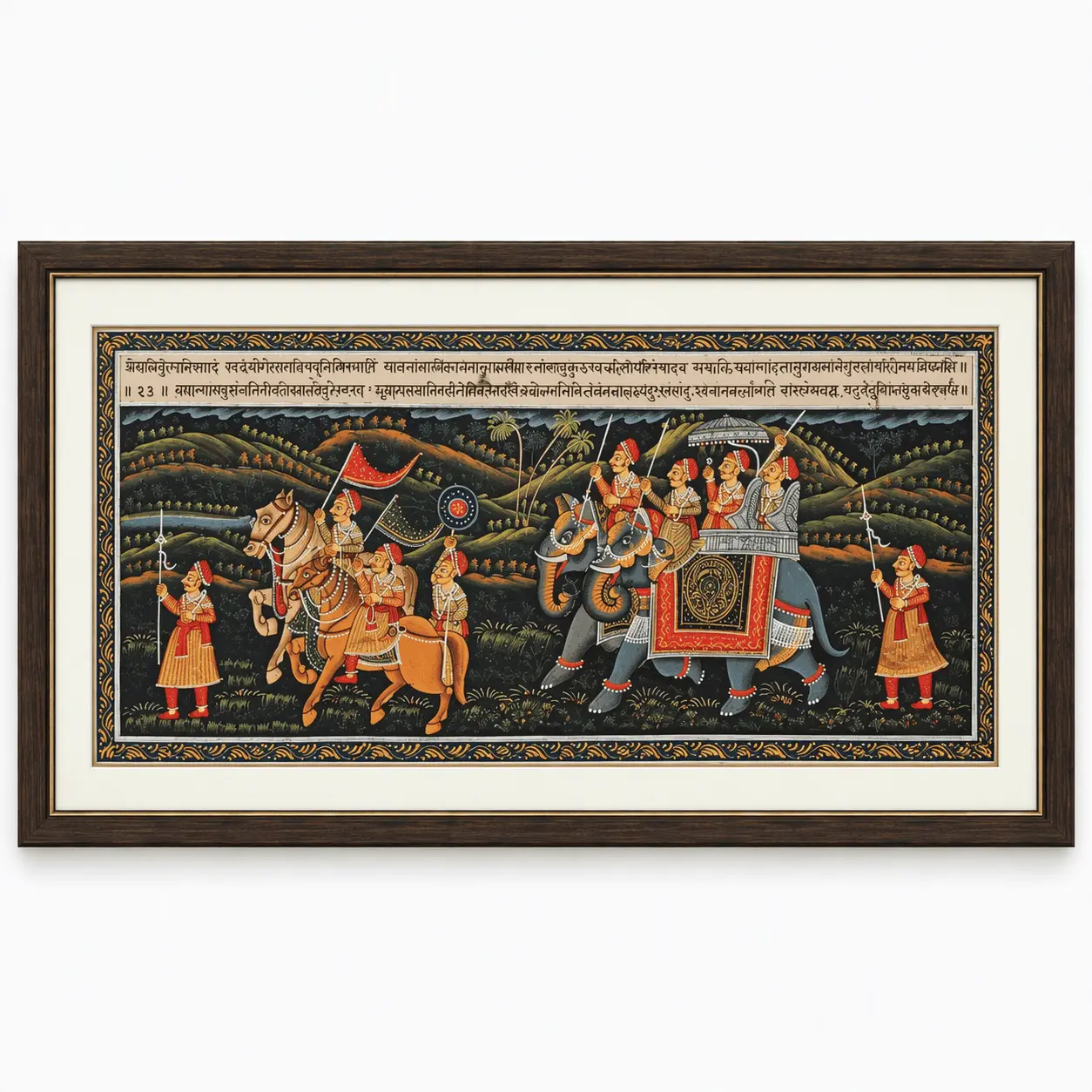 Mughal Panoramic Procession Painting | Horse & Elephant Escort — Handmade