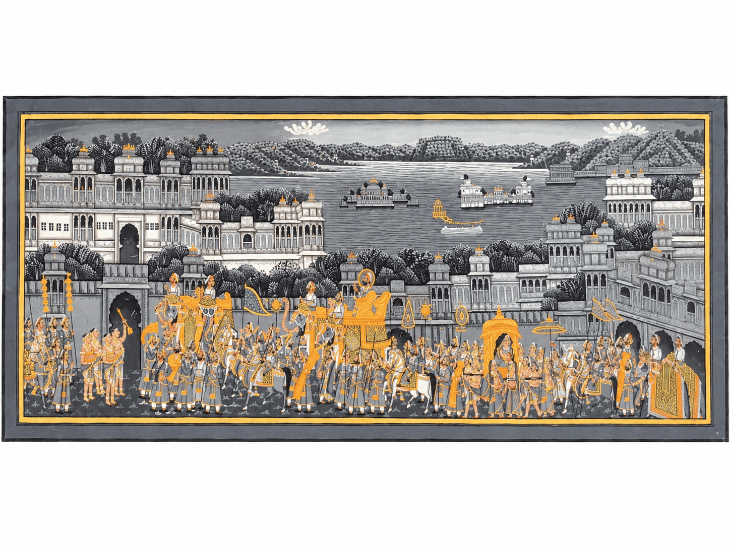 Udaipur Silver Night Procession Painting — Handmade Silk Miniature Art - main view