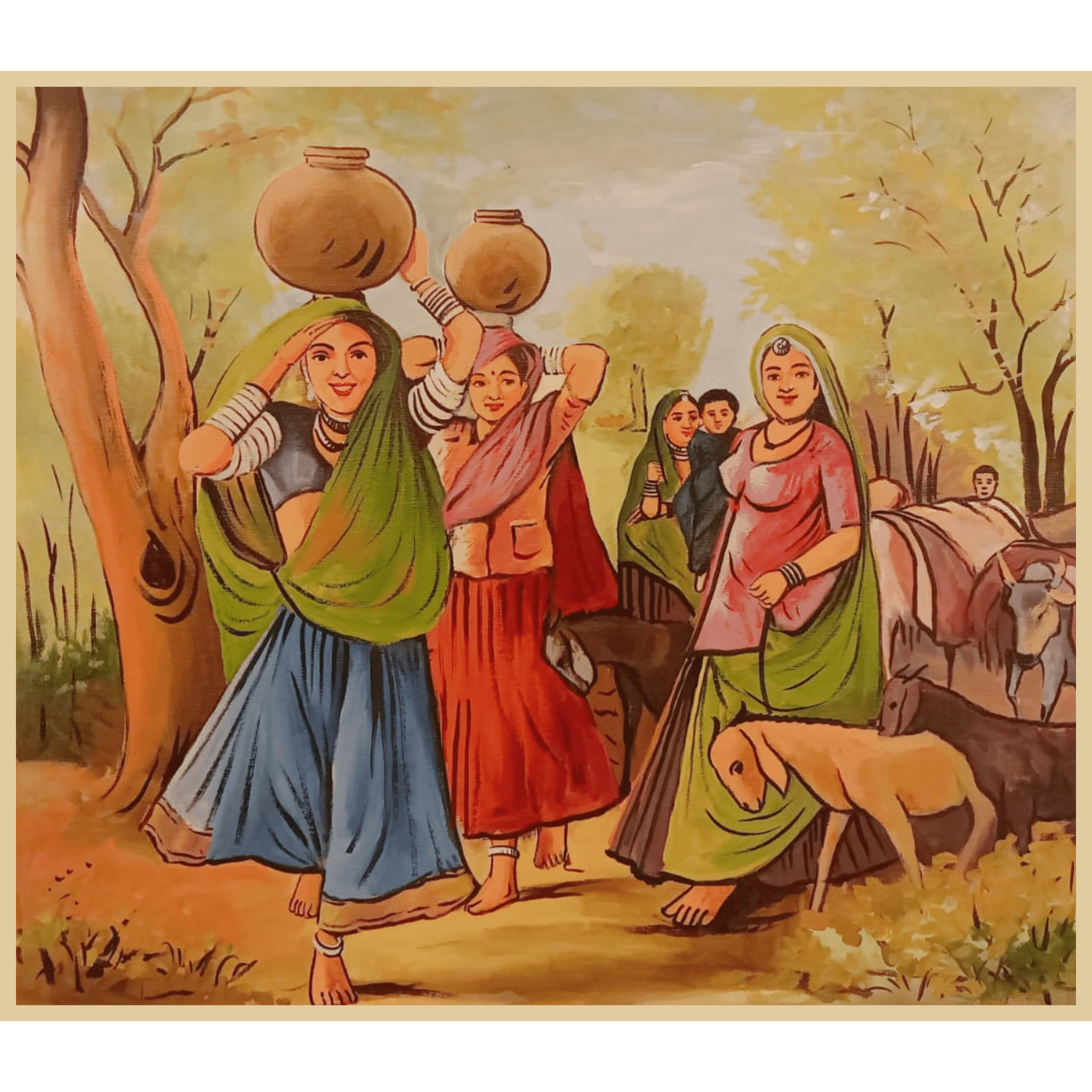 Village Women Carrying Water Pots Oil Painting – Handmade Indian Folk Art - view 2