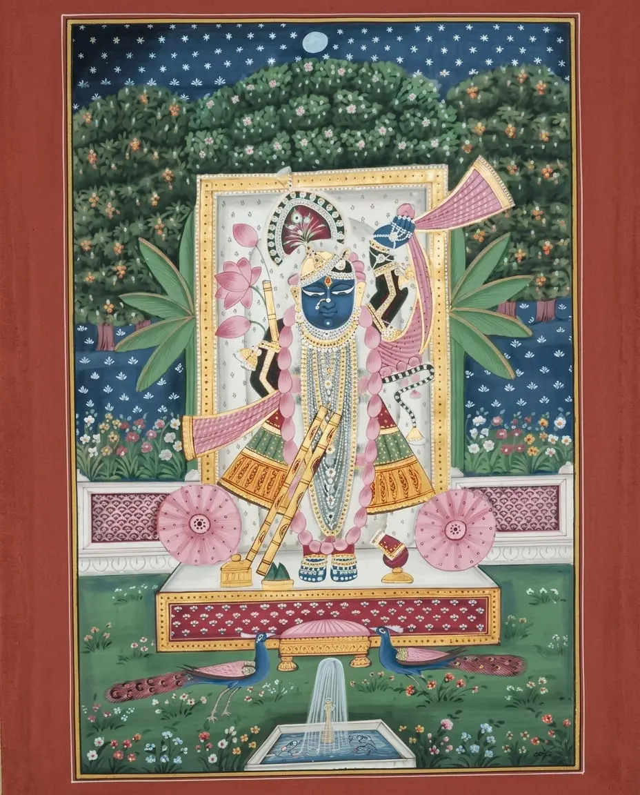 Shreenathji in Jharokha – Flute Pichwai Painting with Peacocks & Lotus Pond
