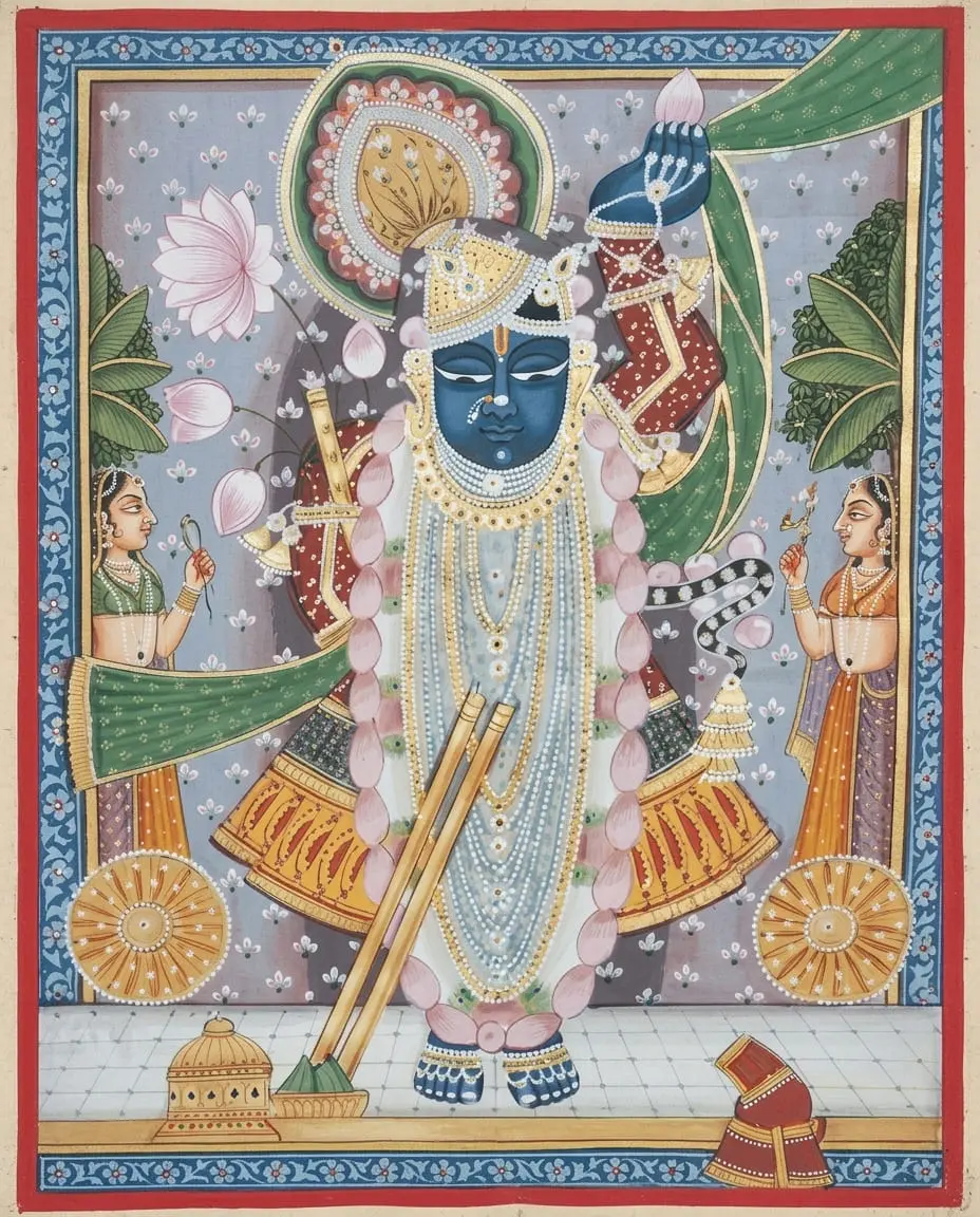 Shreenathji Pichwai Painting with Lotus Motifs and Floral Border