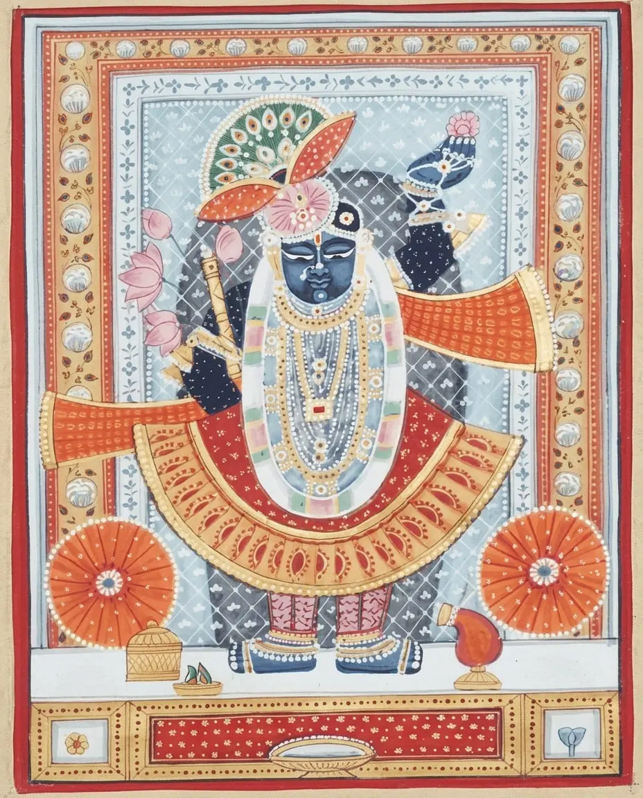 Pichwai Painting of Shrinathji with Peacock Feather Crown and Lotus