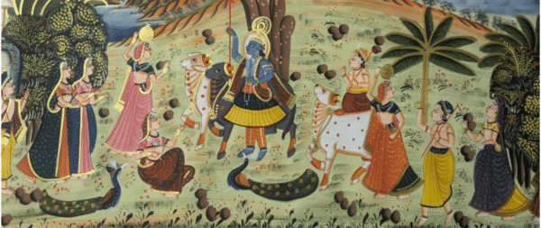 Handmade Radha Krishna Pichwai Painting on Cloth – With Gopis, Cows & Peacocks
