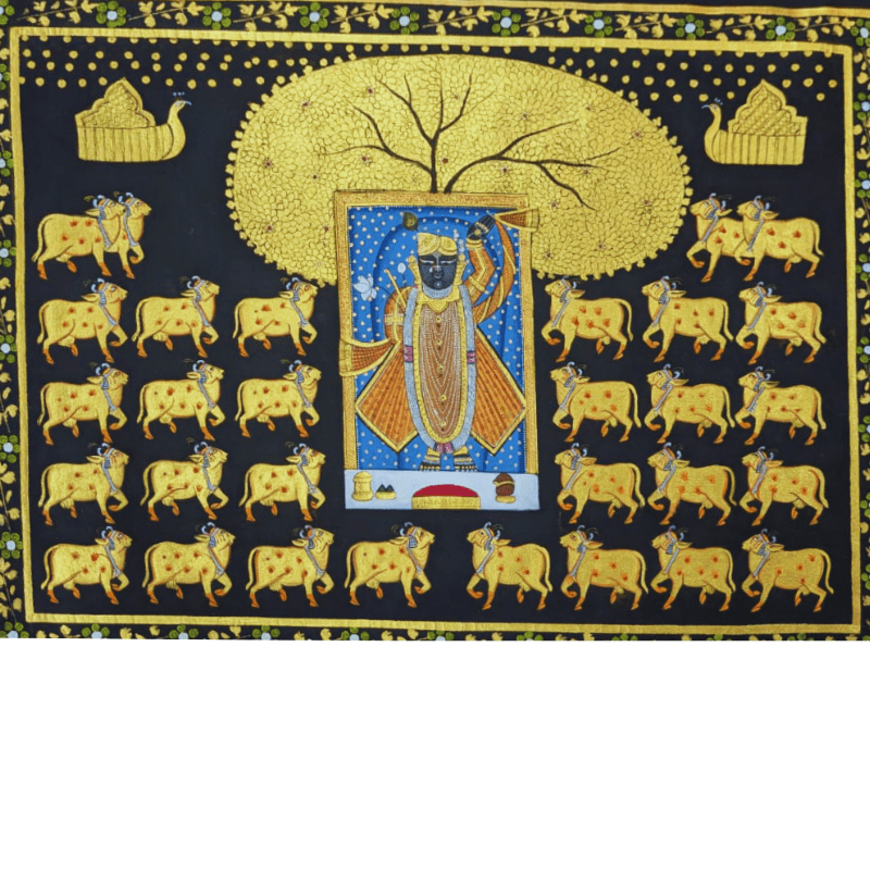 Handmade Shrinathji with Cows Under Golden Tree – Pichwai Painting