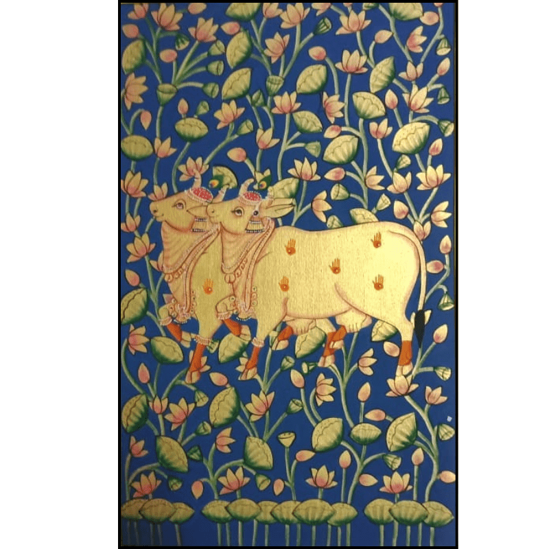 Divine Kamdhenu Cow Pichwai Painting – Handmade Artwork with Lotus Motifs