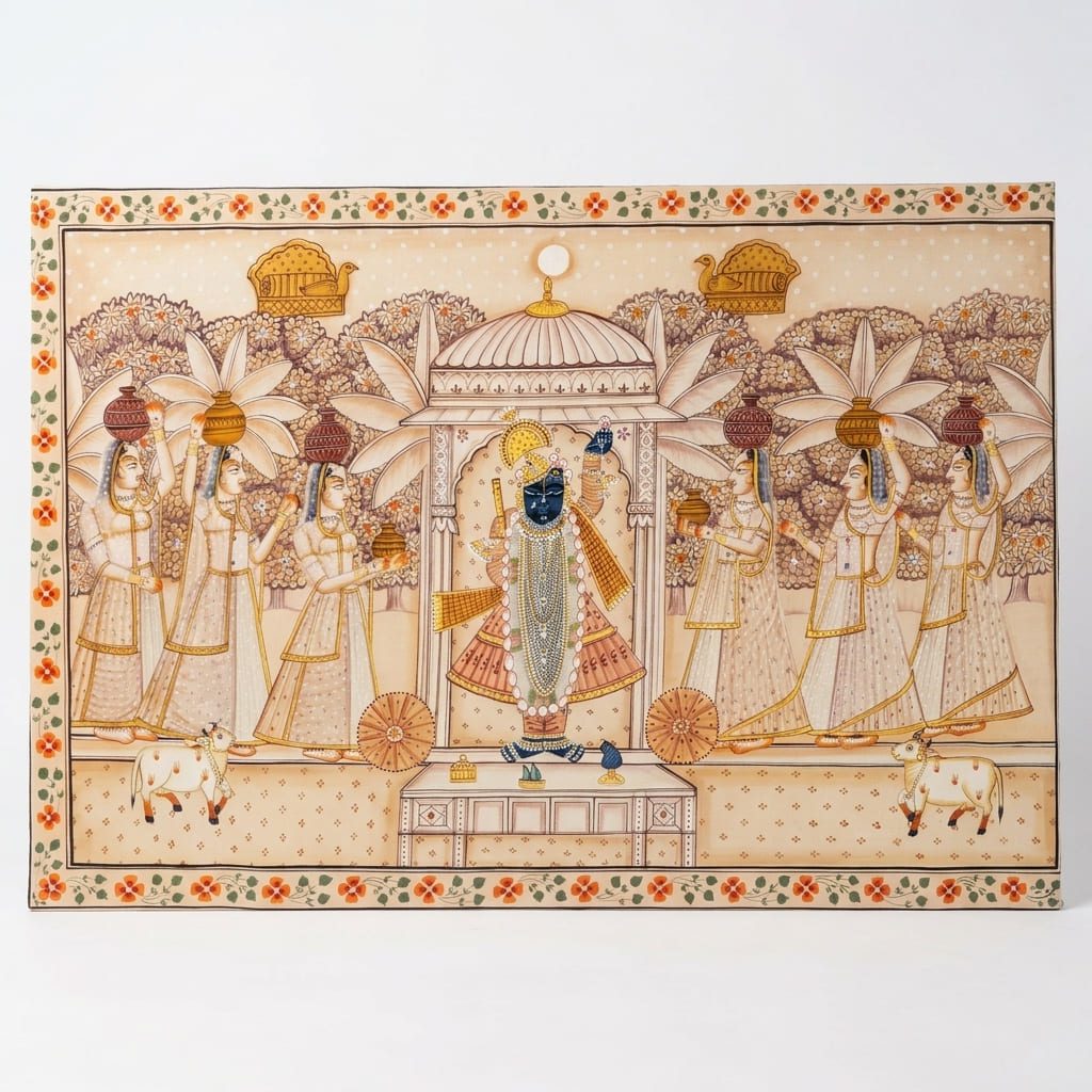 Shrinathji Darshan with Devotee Gopis – Accented Pichwai Painting