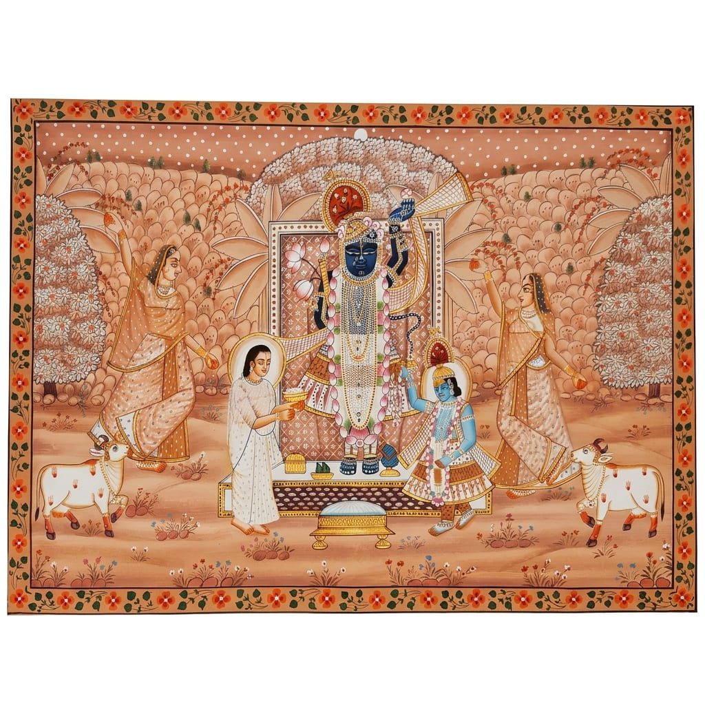 Shrinathji Seva Darshan with Devotees – Handmade Pichwai in Soft Earthy Tones