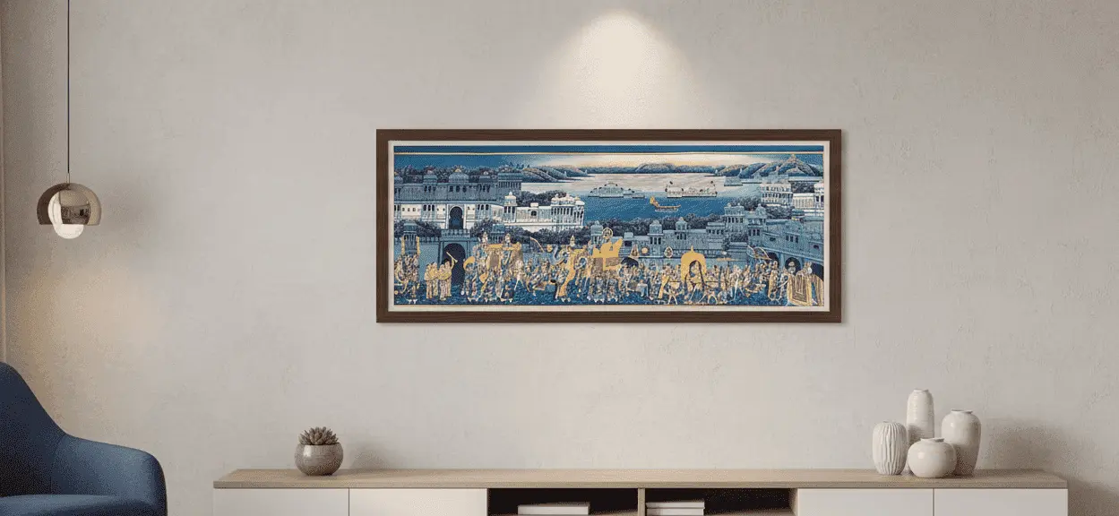 Udaipur Panorama Procession Painting — Blue & Gold Silk Miniature