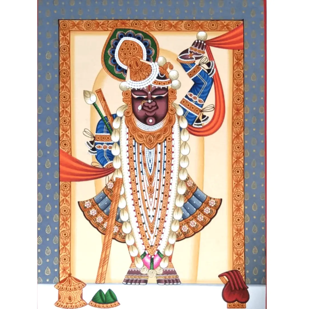 Shrinathji Painting with White Floral Garland – Handmade Paper Art