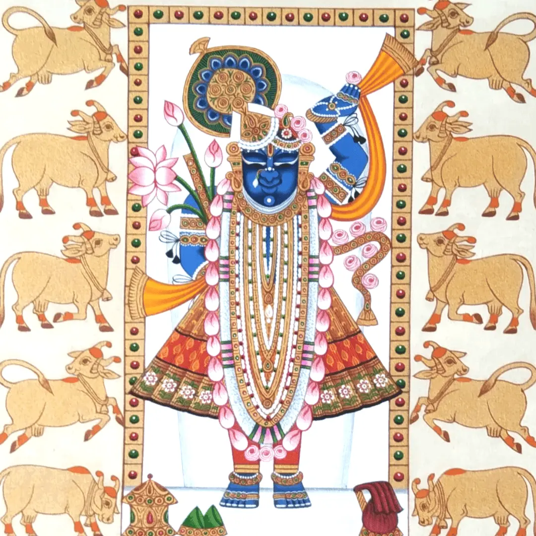Shrinathji Painting with Cow-Patterned Border – Handmade Paper Art