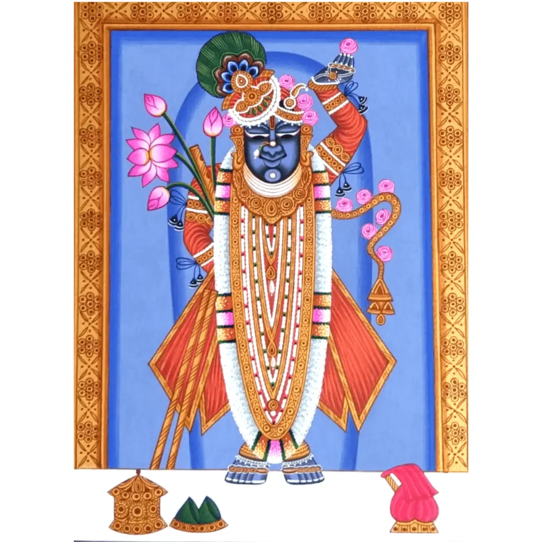 Sky Blue Shrinathji Painting with Lotus – Handmade Paper Art