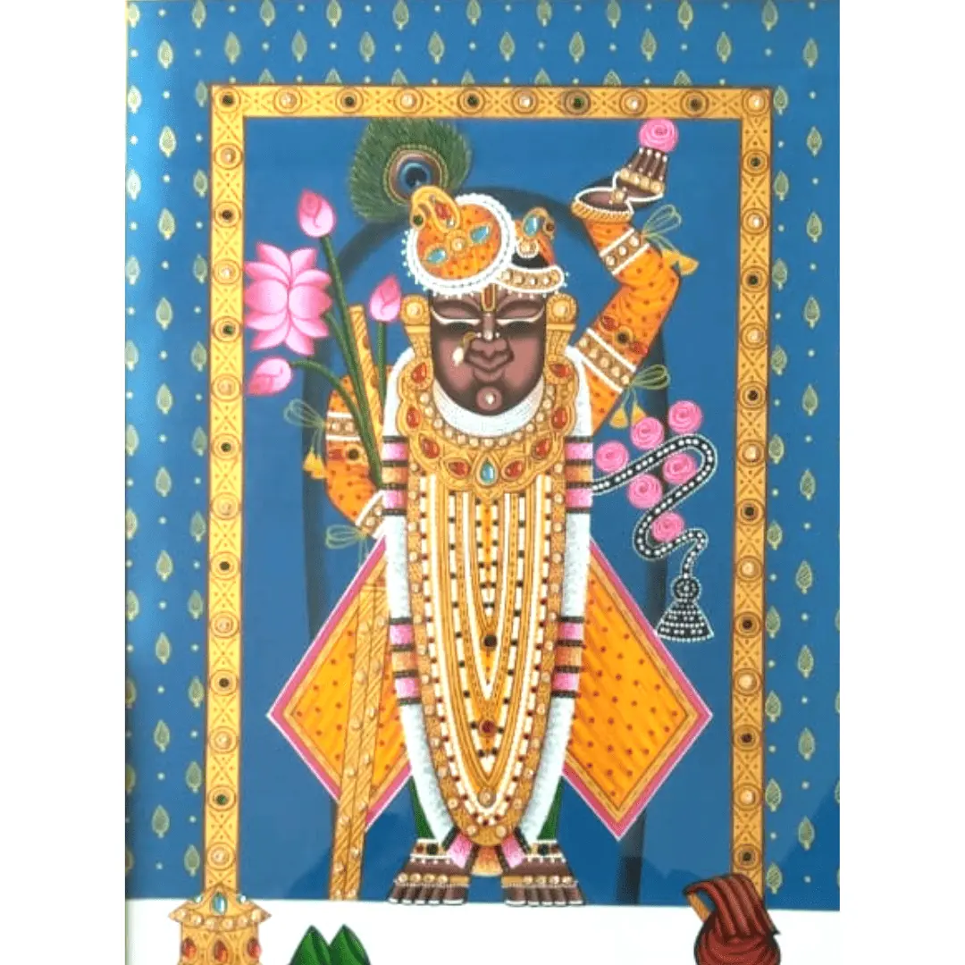 Regal Blue Shrinathji Painting with Jewelled Border – Handmade Paper Art