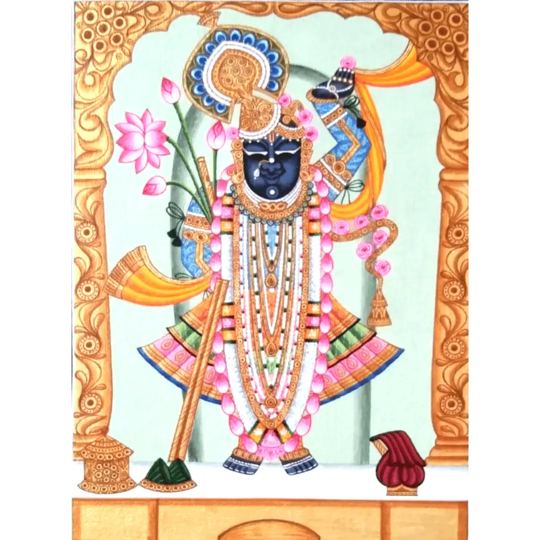 Shrinathji Painting with Lotus in Temple Arch Border – Handmade Paper Art