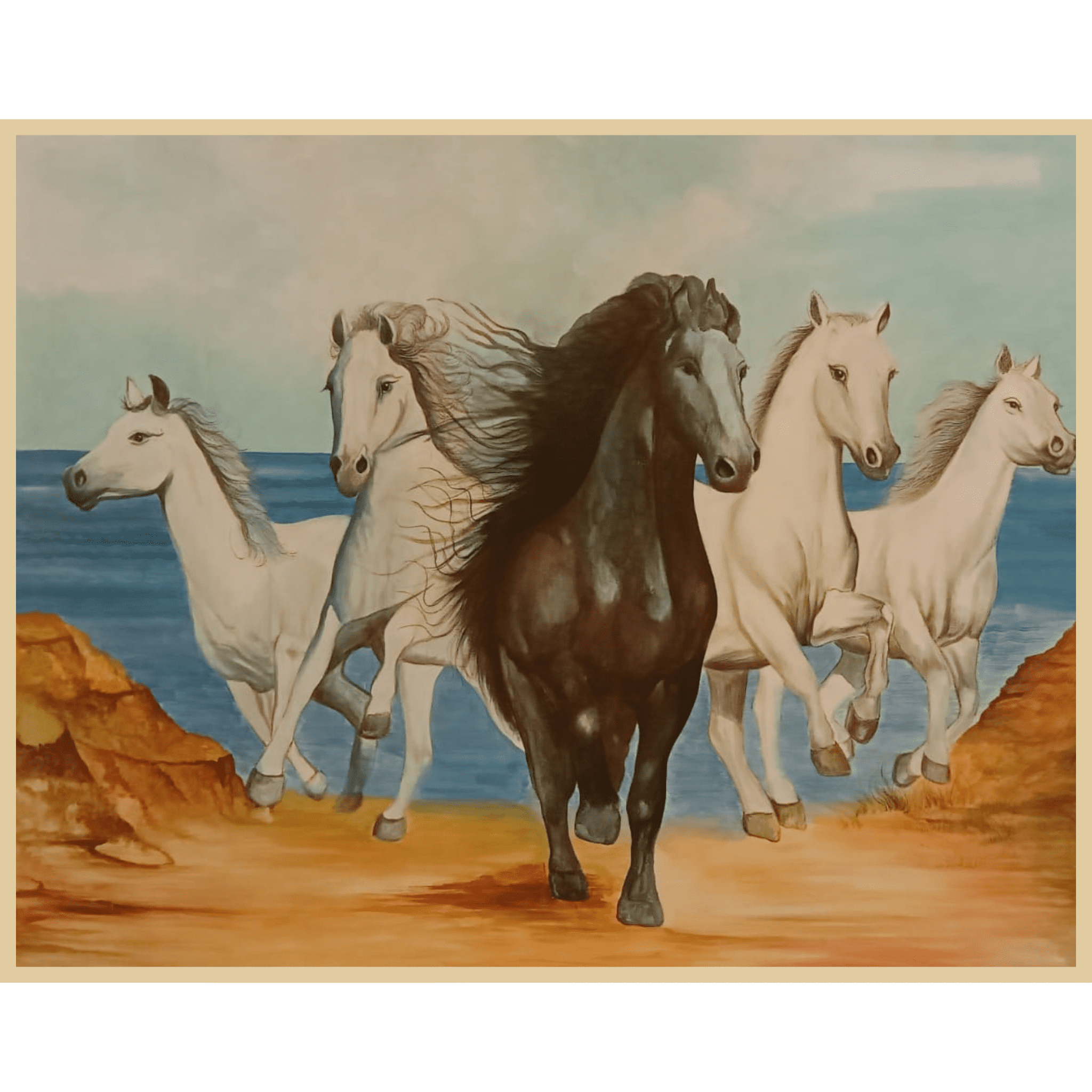 Five Horses by the Sea – Handmade Oil Painting on Canvas