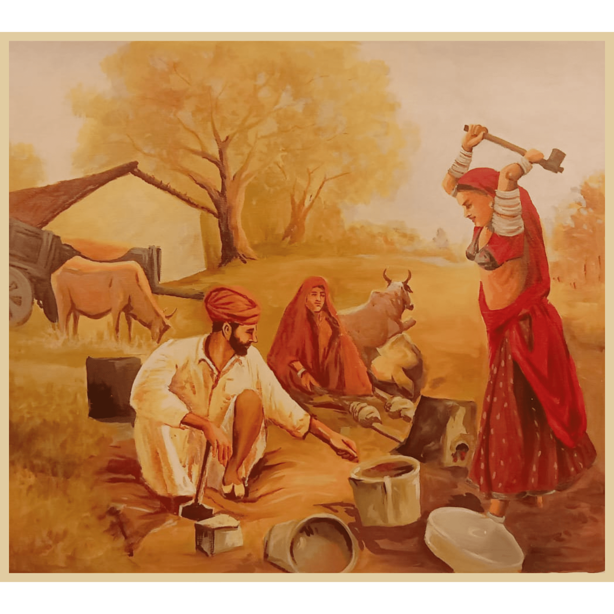 Village Life Oil Painting – Handmade